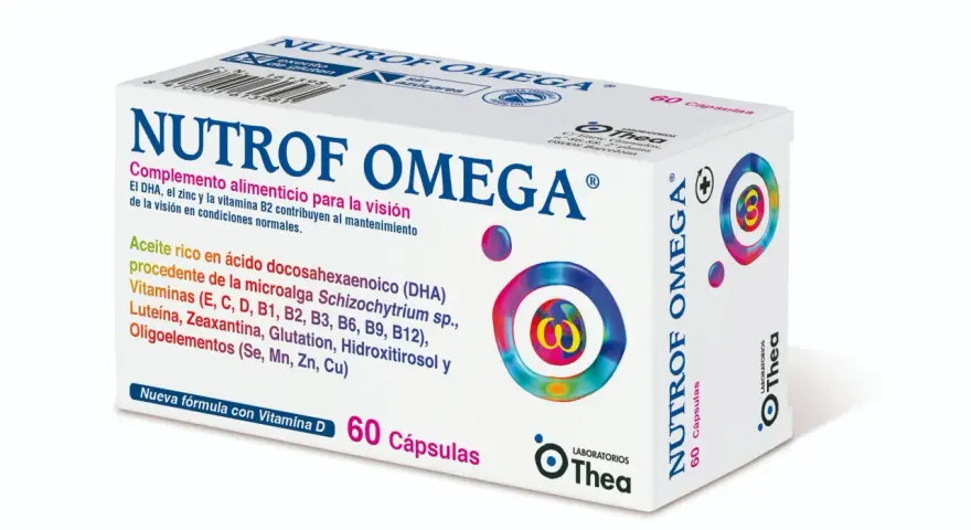 Caja de Nutrof Omega, complemento para la visión. No se mencionan nutrof omega efectos secundarios en el empaque.
