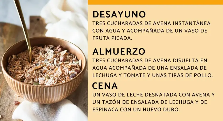 Un tazón de avena, ingrediente principal de esta dieta, se muestra junto a un texto que detalla las comidas del día.