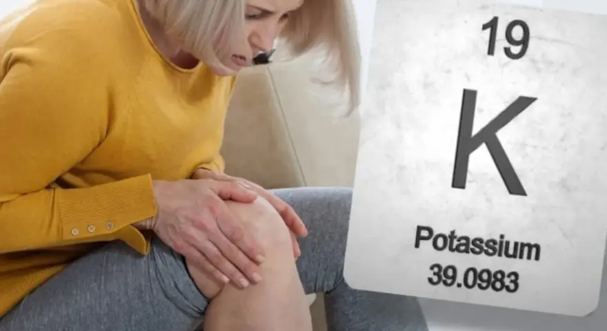 Mujer con dolor de rodilla, posible síntoma de falta de potasio. Se muestra la tabla periódica con el símbolo K.