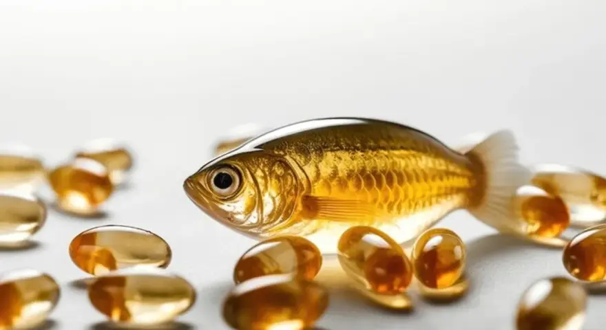 Un pez dorado rodeado de cápsulas blandas, sugiriendo un exceso omega 3.