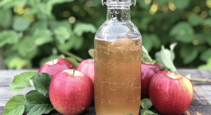 Botella de vinagre de sidra de manzana burbujeante junto a manzanas rojas frescas en una mesa de madera rústica.