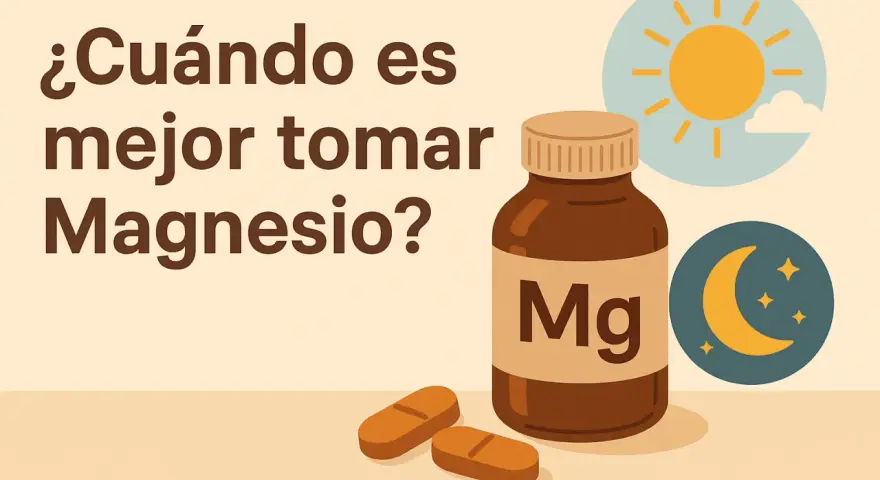 ¿Cuánto tiempo se puede tomar magnesio? La imagen muestra un frasco de magnesio y pastillas, con iconos de sol y luna, sugiriendo cuándo es mejor tomarlo.