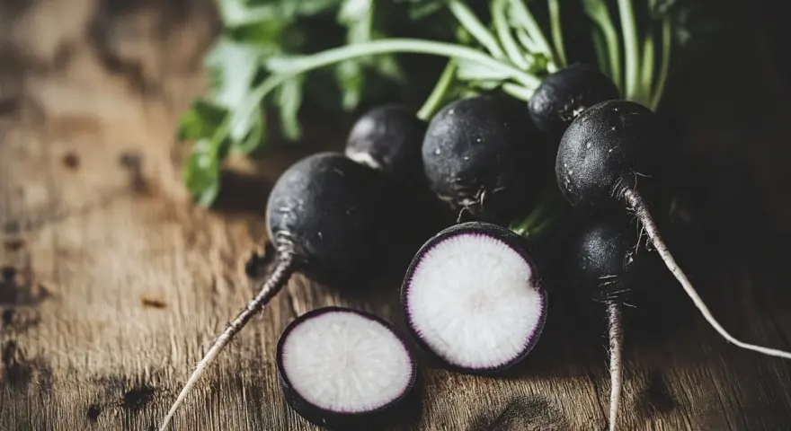 Un grupo de rábanos negros con sus hojas verdes sobre una mesa de madera. Uno está cortado, mostrando su interior blanco y morado.