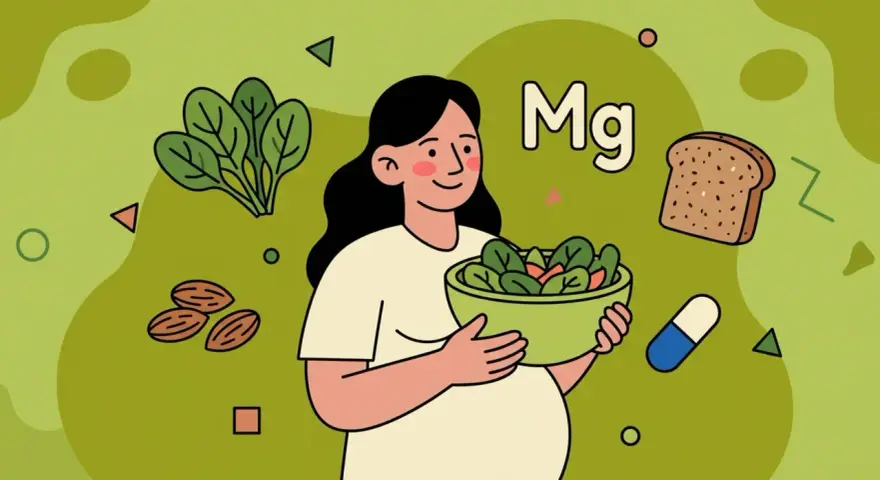 Mujer embarazada con ensalada, pan, almendras y pastilla. El magnesio en el embarazo es clave, pero consulta contraindicaciones.