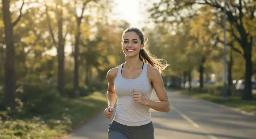 Mujer sonriente corre por un parque. No hay evidencia de que el palmitoiletanolamida engorde.