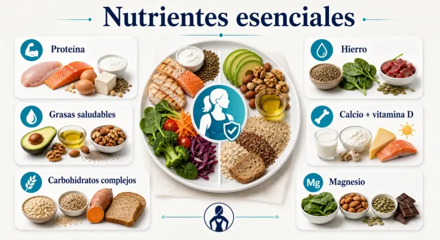 El magnesio es clave para la salud femenina. La imagen muestra alimentos ricos en magnesio como espinacas, almendras, semillas y chocolate negro.
