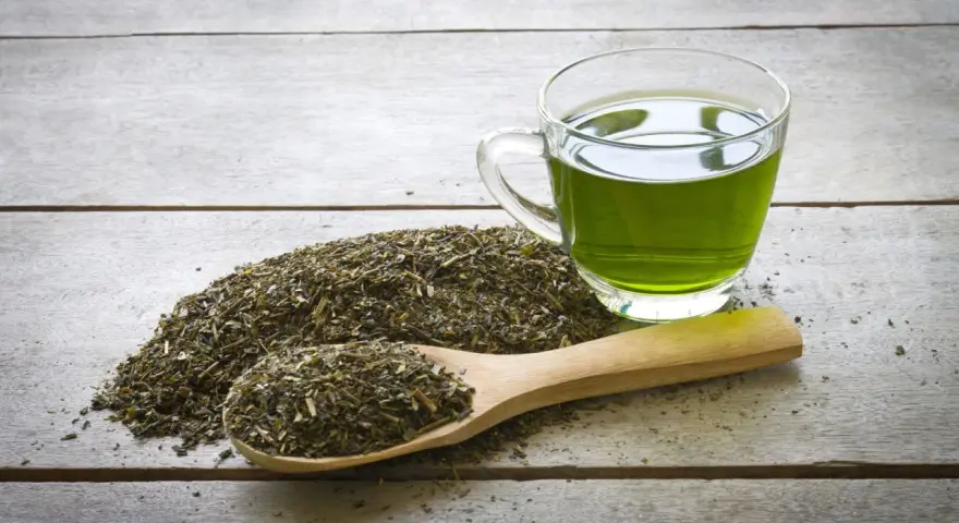 Té verde en una taza de cristal y una cuchara de madera con hojas secas. Descubre qué es el EGCG y sus beneficios.