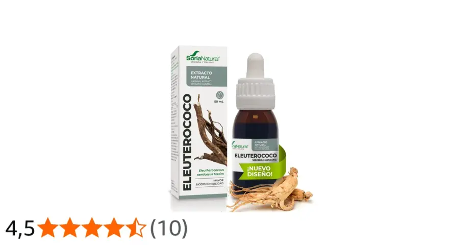 Extracto de siberian ginseng (Eleuterococo) de Soria Natural, en frasco gotero y caja, con raíz de la planta.