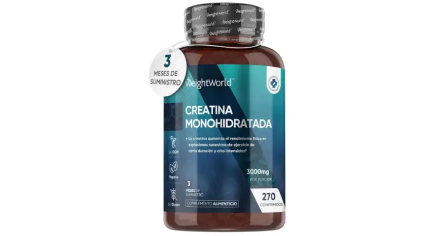 Bote de creatina monohidratada de WeightWorld. Contiene 270 comprimidos, 3000mg por porción, vegano y sin gluten. La creatina se encuentra en este suplemento alimenticio.