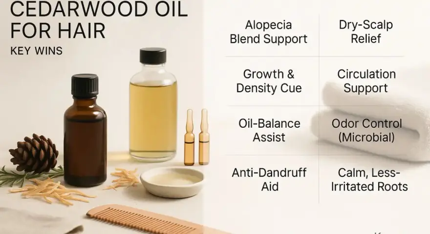 Aceite de cedro para que sirve: apoya el crecimiento, alivia la caspa y el cuero cabelludo seco, equilibra el aceite y calma las raíces.