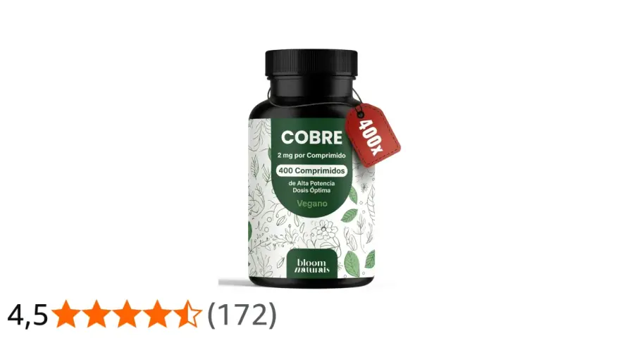 Frasco de suplemento de cobre vegano, 400 comprimidos de alta potencia. Descubre sus propiedades.
