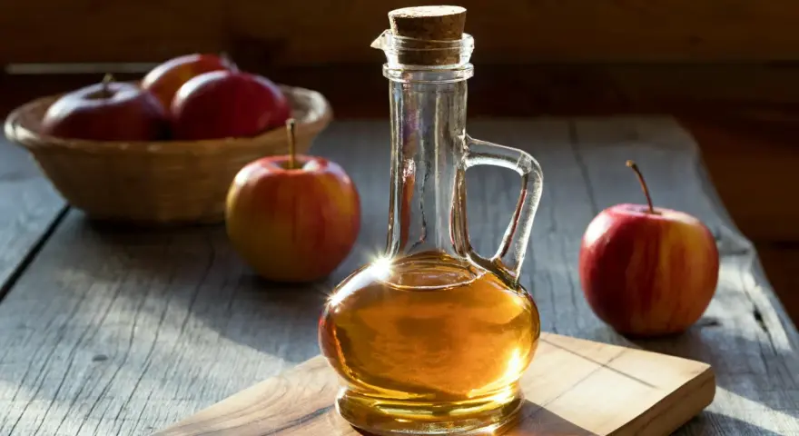 Botella de vinagre de manzana con manzanas rojas frescas. Descubre los 10 beneficios del vinagre de manzana.