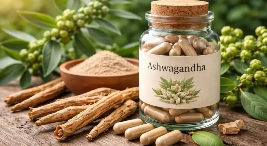 Raíces, polvo y cápsulas de Ashwagandha, hierba conocida por ayudar a manejar la tensión arterial.