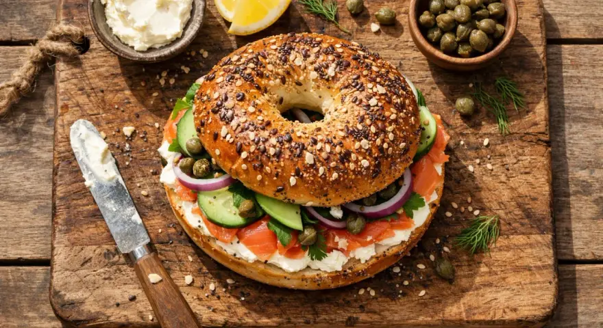 Bagel con salmón ahumado, queso crema, pepino, cebolla morada y alcaparras. Un desayuno delicioso, pero ten en cuenta las calorías del bagel.