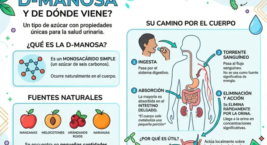 La D-manosa, un azúcar simple, se absorbe y elimina por la orina, actuando en las vías urinarias. Se encuentra en frutas.