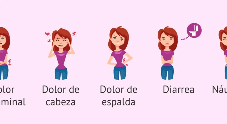 Ilustración de cinco mujeres con diferentes síntomas: dolor abdominal, dolor de cabeza, dolor de espalda, diarrea y náuseas, comunes durante el dolor de regla.