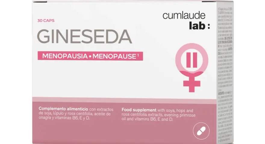 Caja de Gineseda, un complemento alimenticio para la menopausia con extractos de soja, lúpulo y rosa centifolia.