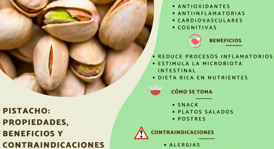 Primer plano de pistachos, un fruto seco con propiedades antioxidantes y antiinflamatorias. Ideal como snack o en platos salados.