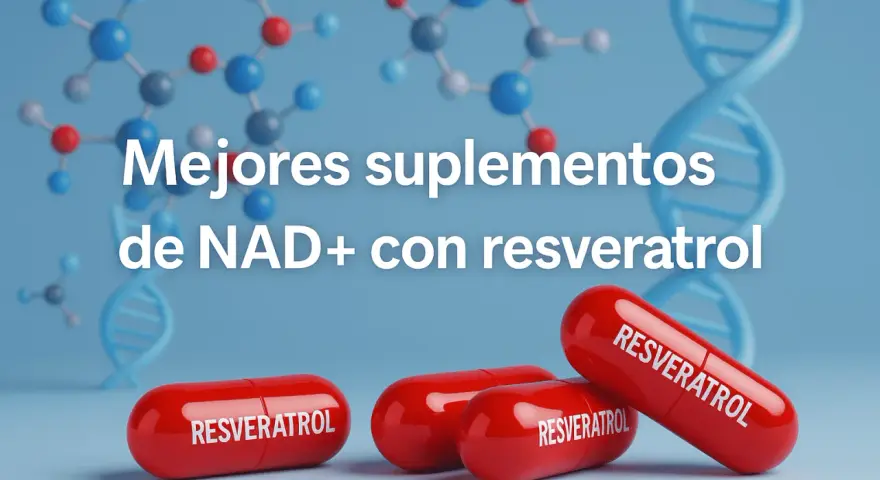 Cápsulas rojas de resveratrol y NAD+ con moléculas y ADN. Mejores suplementos para tu bienestar.