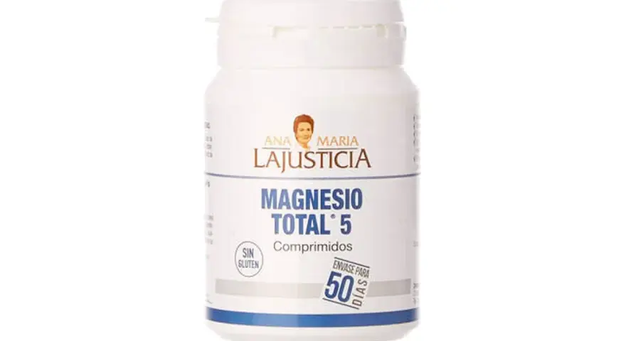 Envase de Magnesio Total 5 de Ana María Lajusticia. Ideal para saber cuándo se debe tomar el magnesio en las mujeres.