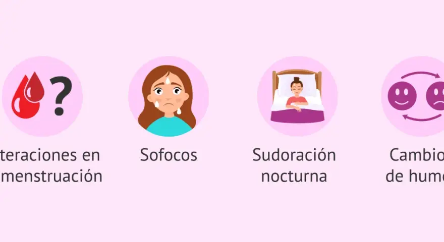 Síntomas de la menopausia tardía: alteraciones menstruales, sofocos, sudoración nocturna y cambios de humor.