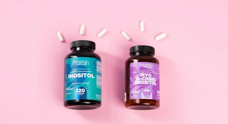 Dos frascos de suplementos Fitamin: Inositol y Myo D-Chiro Inositol, para apoyo hormonal.