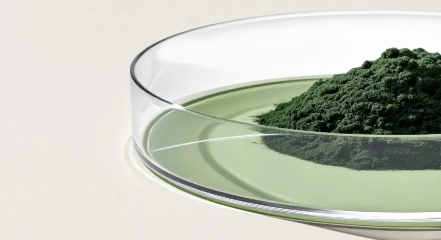 Polvo verde oscuro de espirulina y chlorella en una placa de Petri con líquido verde. Descubre para qué sirve la espirulina y chlorella.