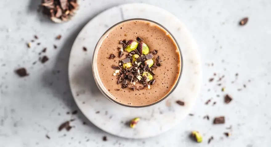Batido de chocolate con pistachos y trozos de cacao, ideal como uno de los alimentos estimulantes para empezar el día.