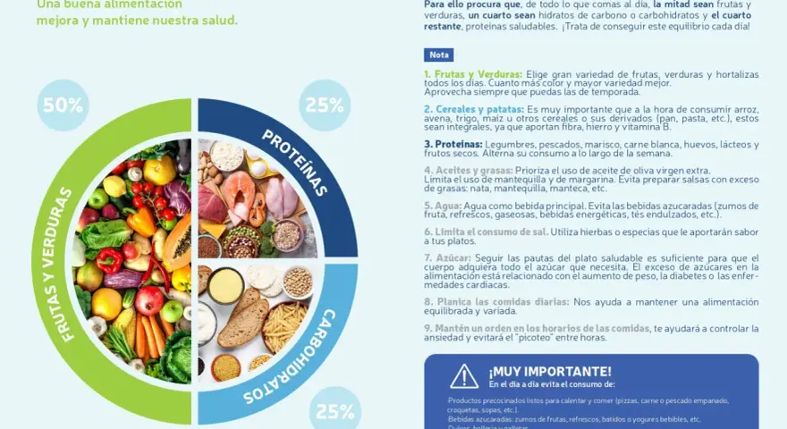 Plato saludable: 50% frutas y verduras, 25% proteínas y 25% carbohidratos. Incluye alimentos poliinsaturados para una dieta equilibrada.