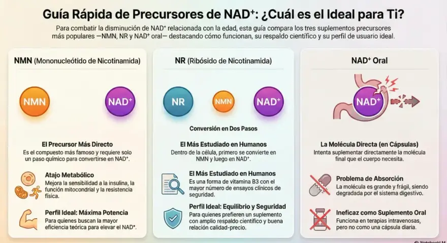 Guía compara NMN, NR y NAD+ oral para combatir la disminución de NAD+. NMN es el precursor más directo.