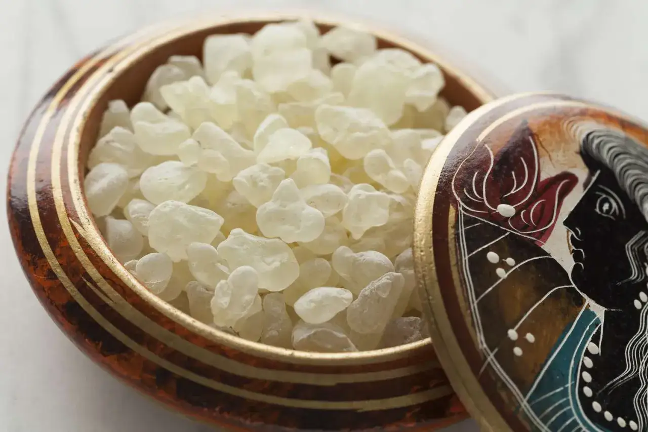 Resina de mastic gum para que sirve: pequeños cristales blancos en un cuenco decorado con un perfil griego.