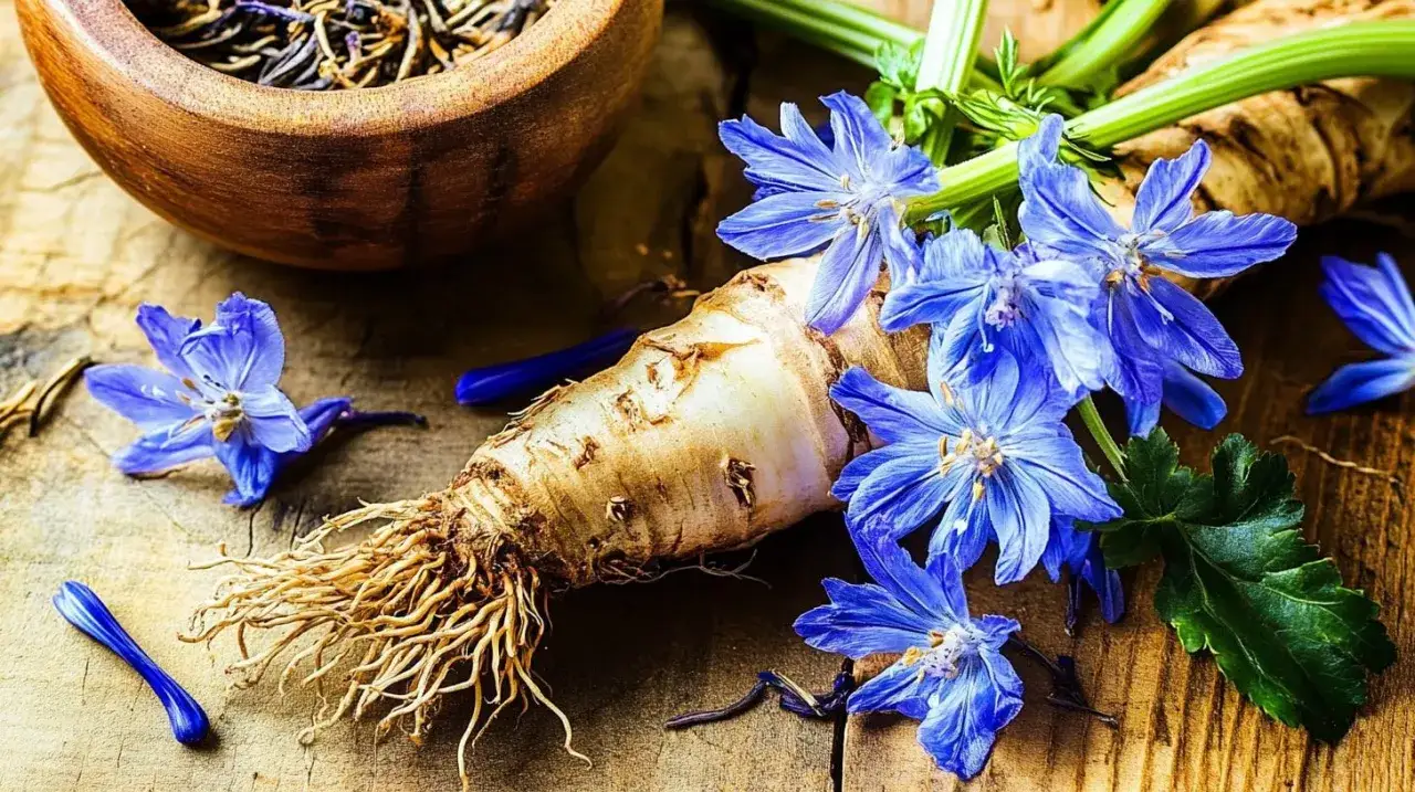 Raíz de achicoria con flores azules y un cuenco de té. Considera las contraindicaciones de la achicoria antes de su uso.