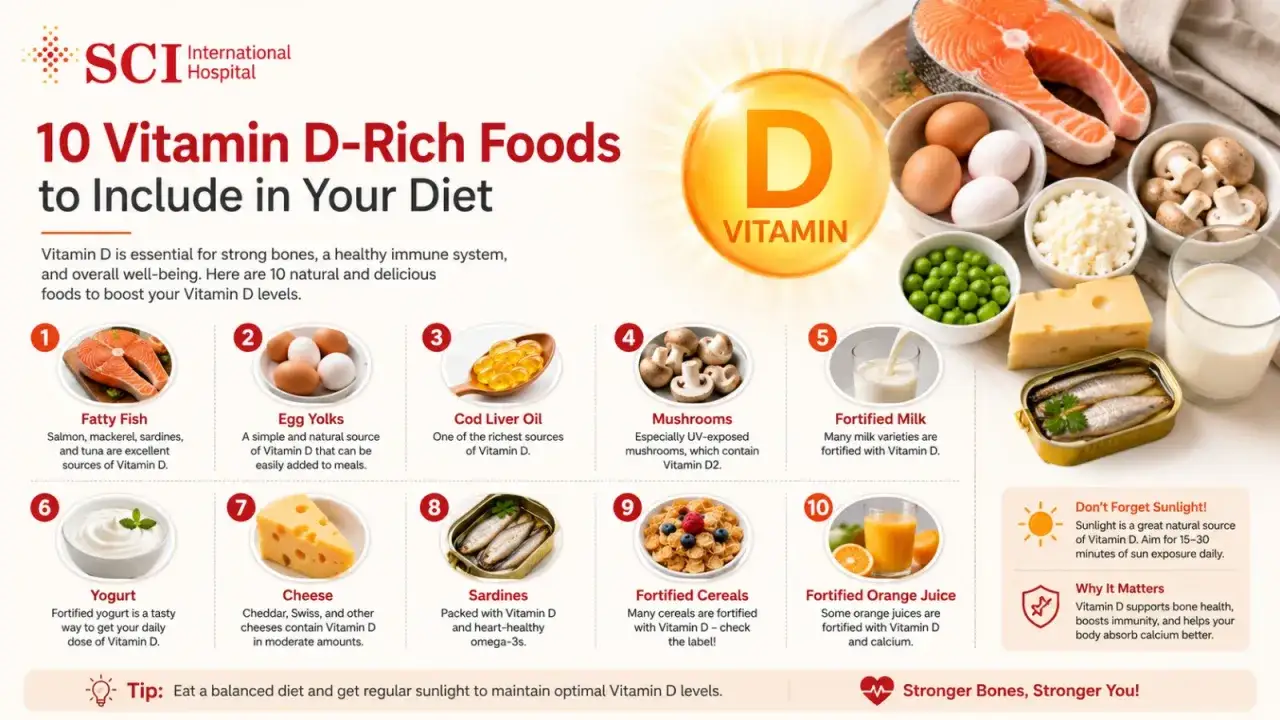 Alimentos con vitamina D para adultos: salmón, huevos, aceite de hígado de bacalao, champiñones, leche fortificada, yogur, queso, sardinas, cereales y jugo de naranja.