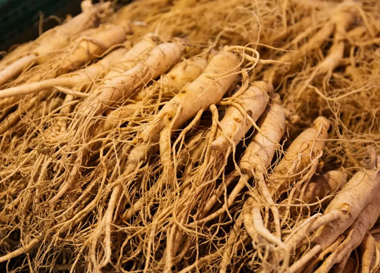 Raíces de ginseng secas, con sus finos filamentos, listas para aprovechar sus beneficios. El ginseng para que sirve, es conocido por su energía y vitalidad.