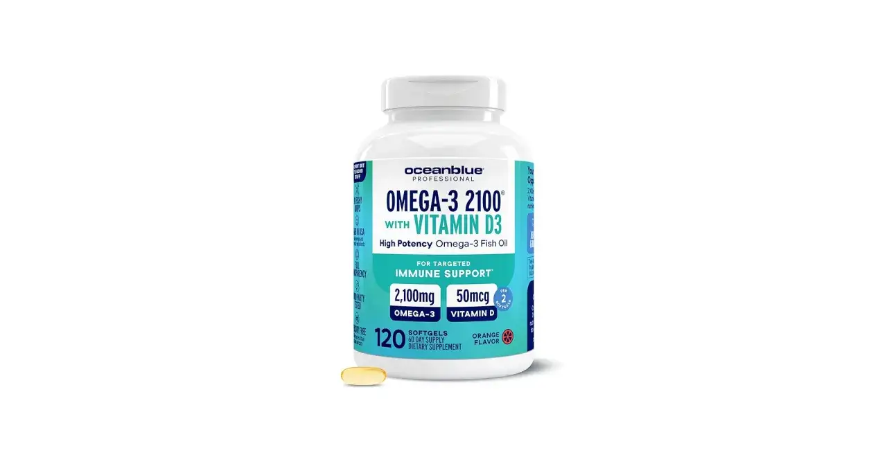 Bote de aceite de pescado Oceanblue Omega-3 2100 con Vitamina D3, para apoyo inmunológico.