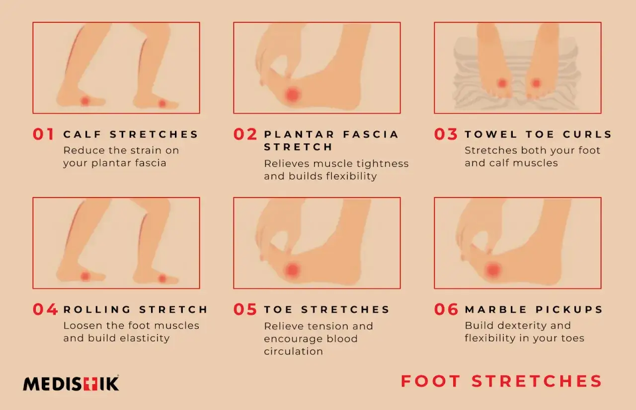 Ejercicios para aliviar el dolor de pies: estiramientos de pantorrilla, fascia plantar, dedos, y recogidas de canicas.