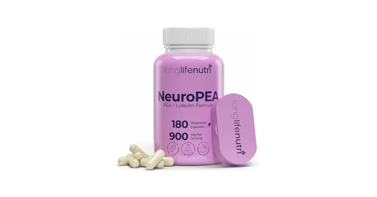 Bote de NeuroPEA de LonglifeNutri con palmitoiletanolamida. 180 cápsulas vegetarianas, 900 mg por porción.