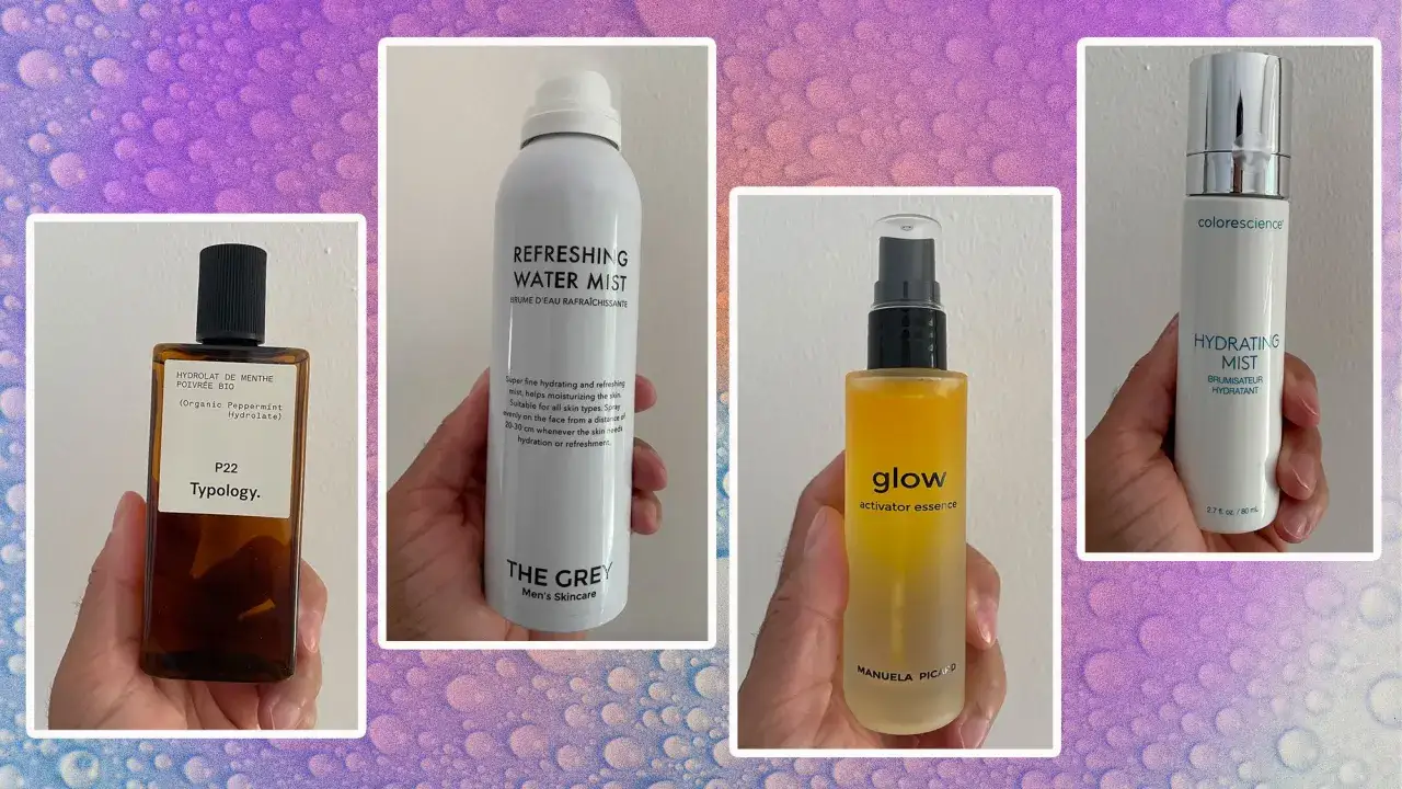 Cuatro productos de cuidado facial: un hidrolato, una bruma refrescante, un sérum y una bruma hidratante. Descubre para qué sirve la bruma facial.