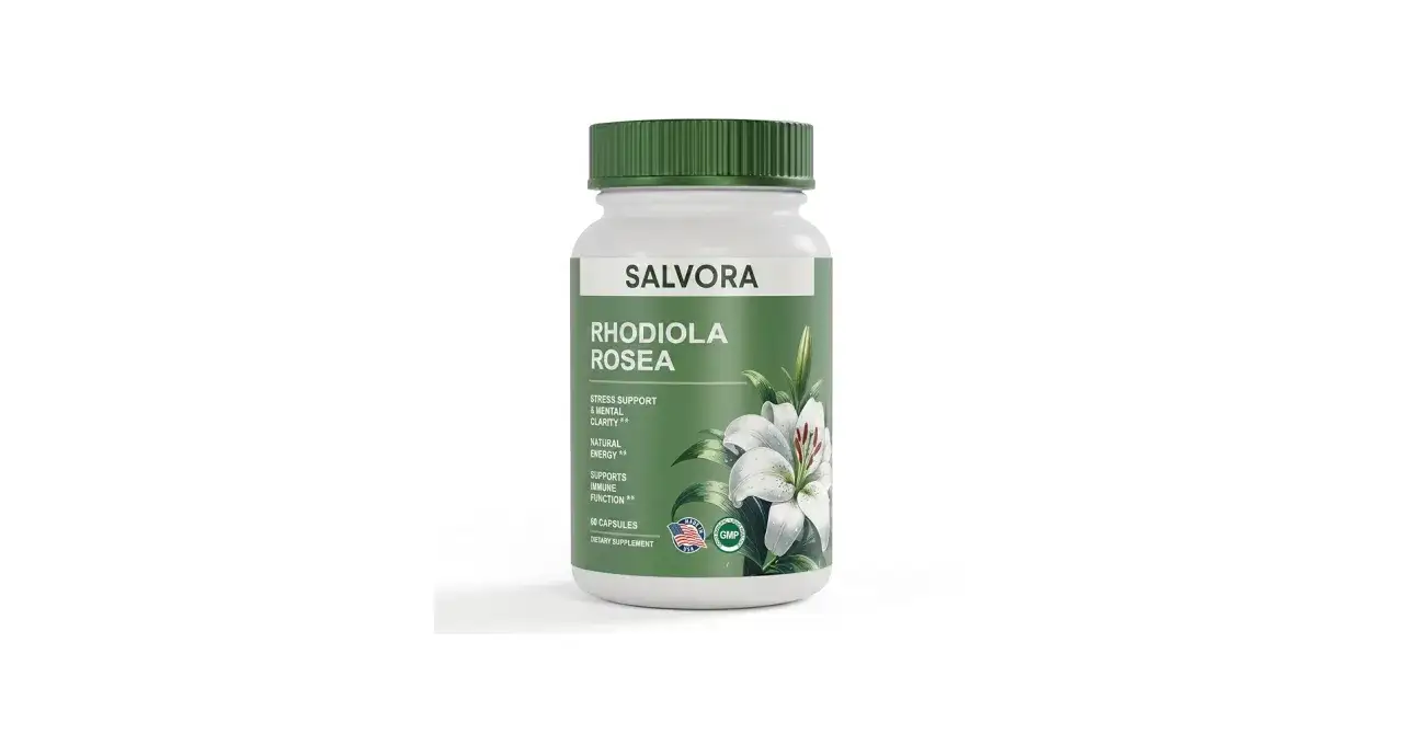 Frasco de suplemento SALVORA con Rhodiola Rosea. Descubre para qué sirve la rhodiola: apoyo contra el estrés, energía natural y función inmune.