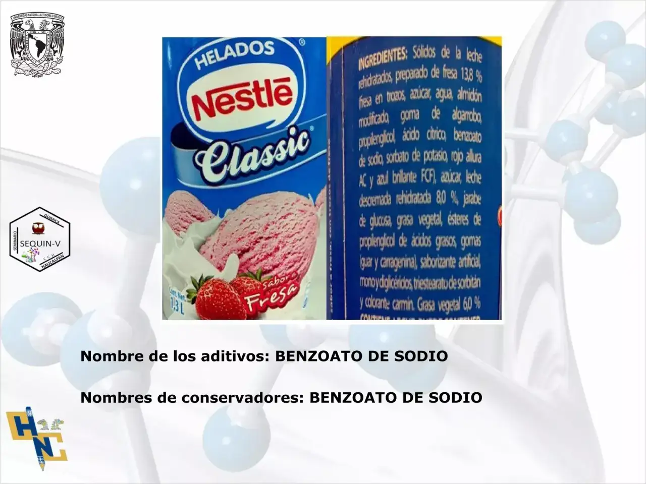 Helado Nestl&eacute; Classic sabor fresa, con ingredientes que incluyen benzoato de sodio.