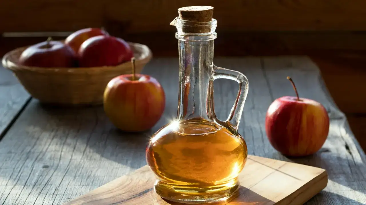 Botella de vidrio con vinagre de sidra de manzana, junto a manzanas rojas en una cesta y sobre la mesa.