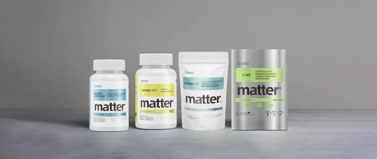 Varios suplementos de magnesio de la marca Matter. Pregúntate cuánto tiempo se puede tomar magnesio para mejorar tu bienestar.