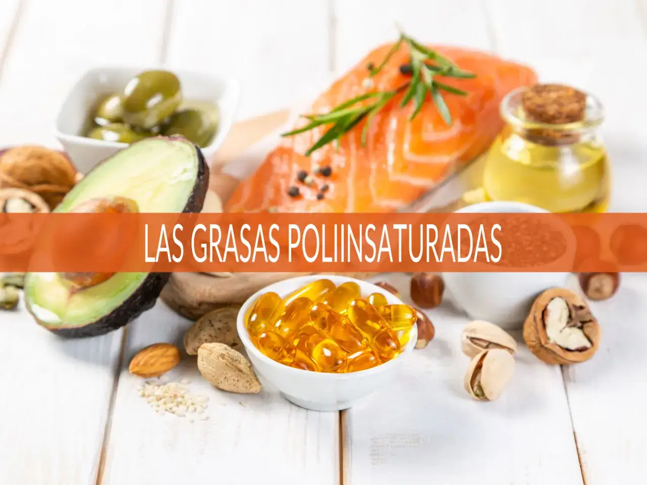 Salm&oacute;n, aguacate, nueces y aceite de oliva, fuentes de alimentos poliinsaturados para una dieta saludable.