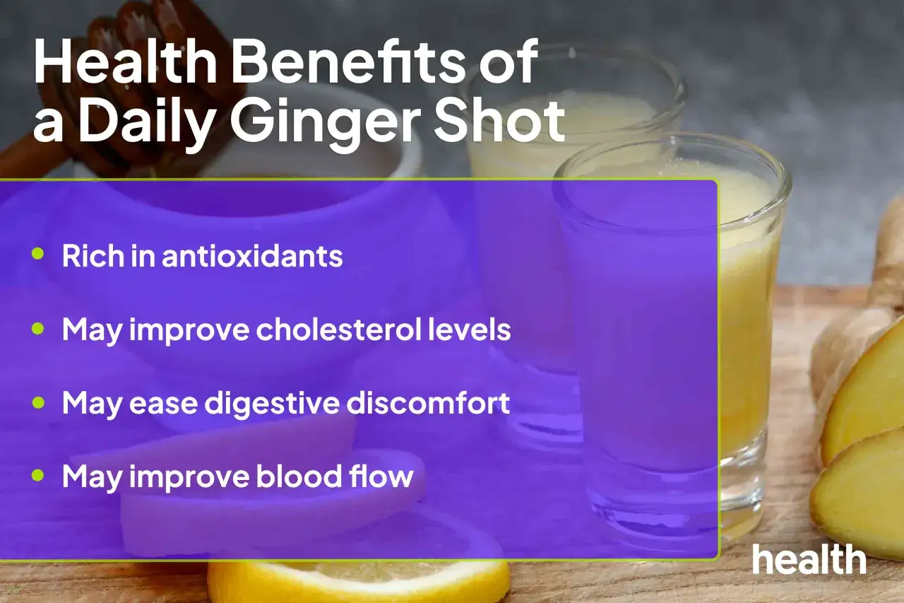 Dos vasos de ginger shot, jengibre y limón. Beneficios: antioxidantes, mejora el colesterol, alivia malestar digestivo y flujo sanguíneo.