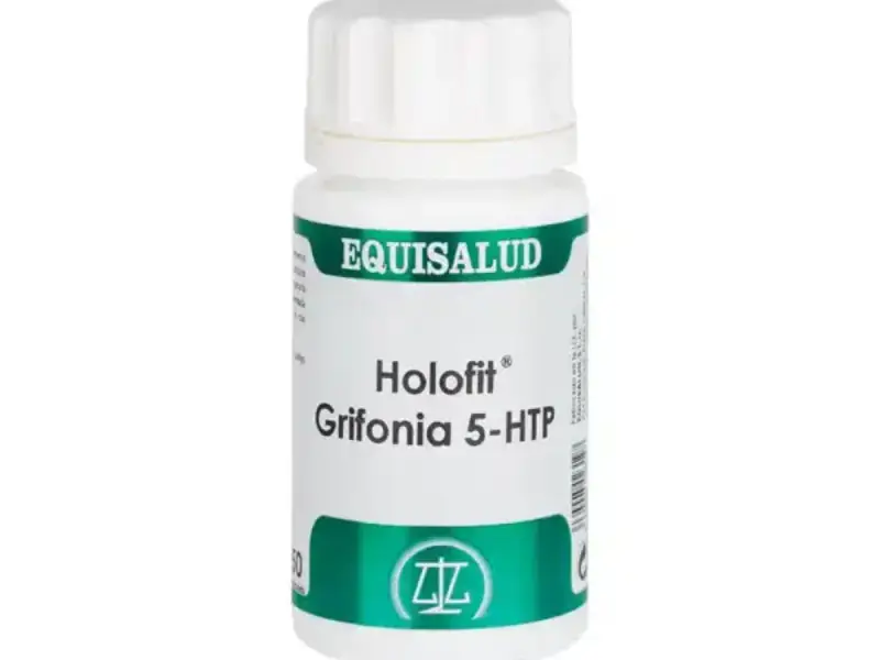Bote de Holofit Griffonia 5-HTP de Equisalud. La griffonia es una planta que se usa para mejorar el estado de ánimo y el sueño.