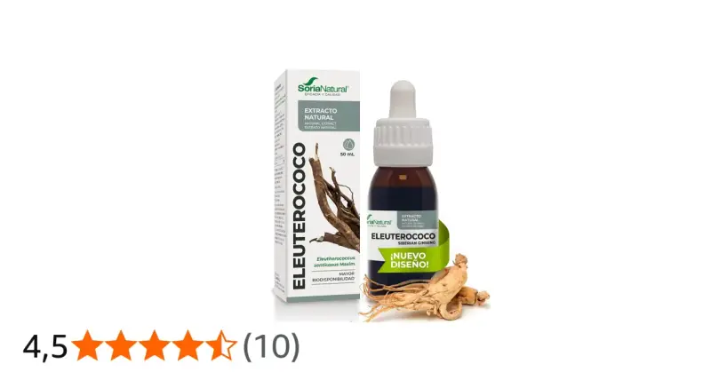 Extracto de siberian ginseng (Eleuterococo) de Soria Natural, en frasco gotero y caja, con raíz de la planta.